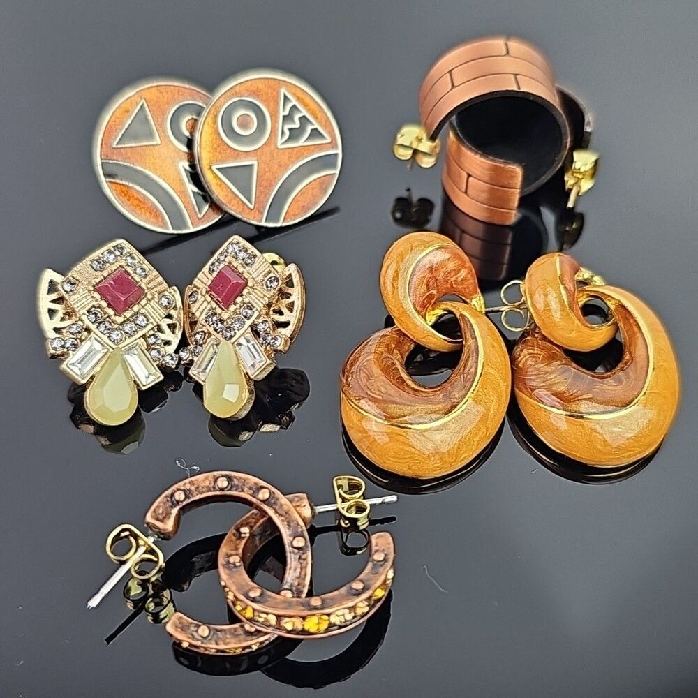 Copper Tone Earrings Enamel Inlay Rhinestone Door Knocker Pierced Lot of 5 Sets